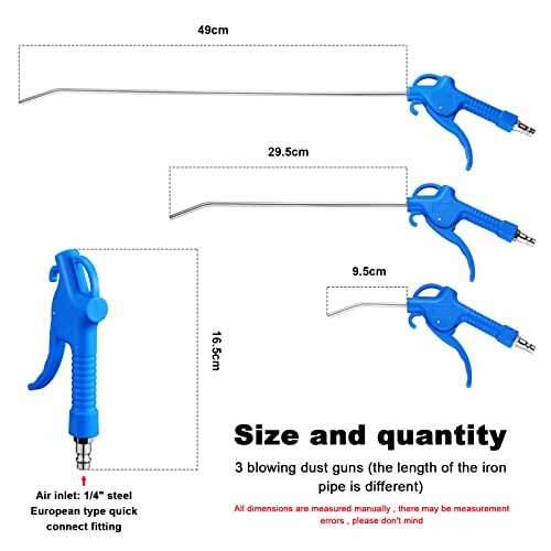 Fippy 3 Stück Ausblaspistole Druckluft Set, Lang Druckluftpistole Pressluftpistole, Luftblaspistole Düse 95mm 295mm 490mm (blau)