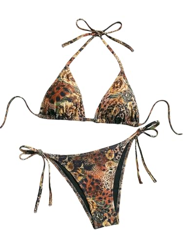 Women's Floral Printed Bathing Suit Halter High Waist Summer Swimsuit Bikinis Set