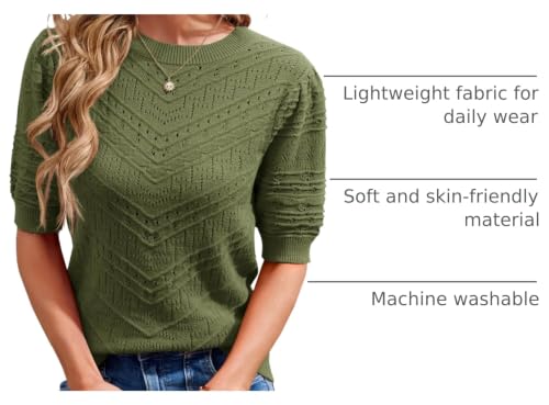 Image of Womens Puff Short Sleeve Sweater Summer Crew Neck Ribbed Knit Pullover Tops