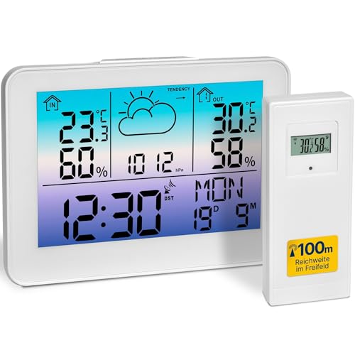 TFA Dostmann Funk Wetterstation mit Außensensor Meteo Sky, 35.1175, bunte Hintergrundbeleuchtung, Thermometer/Luftfeuchtigkeit innen außen, Wettervorhersage mit Symbolen, digital, weiß