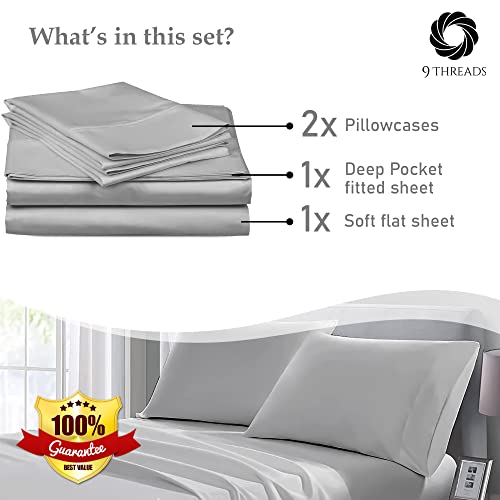9Threads 400 Thread Count 100% Cotton Sateen Bed Sheets Deep Pocket, Cotton Bedsheets Crisp Cool And Strong Bed Linen (Grey, Queen) #TOP4