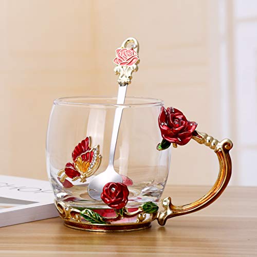 Tea Cup Coffee Mug Cups, Handmade Butterfly Rose,13 oz (Red Rose) Ideal