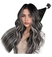 Hetto Nano Bead Hair Extensions Human Hair Ombre Black to Silver Nano Ring Hair Extensions Balaya...