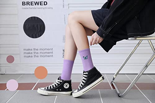 Image of Womens Calf Socks Embroidery Crew Socks Casual Dress Socks Cute Butterfly Socks For Girls 3 Pairs