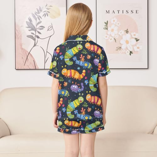 ALAZA Colored Cartoon Caterpillar Satin Pajamas Set Short Sleeve Button Down Sleepwear Summer Pjs 2 Piece4