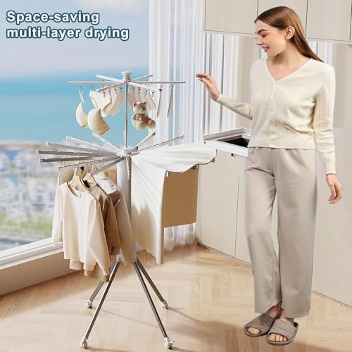 Space Saving Hanger, Tripod Clothes Drying Rack Folding Indoor Portable, Laundry Drying Rack Clothing Collapsible No Assemble, 16 Drying Rod Capacity 50kg/110lb(Single L