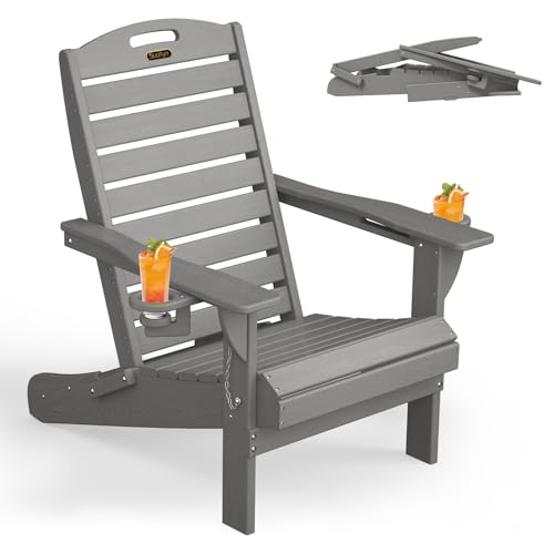 Folding Adirondack Chair HDPE All Weather Adirondack Chairs with Cup Holder Outdoor Fire Pit Chairs Lawn Chair for Deck Patio Garden Grey
