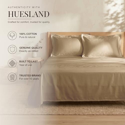 Image of Huesland 300 TC 100% Pure Cotton Luxe Soft Touch King Size Bed Sheet Cotton with 2 Pillow Covers - Luxury Collection | Sand Dune | 108 x 108 inches