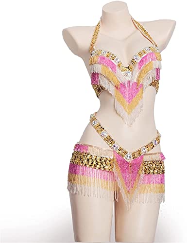 BAtlam Reggiseno di Danza del Ventre con Frange di Perline, Cintura, Costumi di Danza del Ventre, Vestiti di Danza del Ventre, Reggiseno con Perline e Cintura di Danza del Ventre (Nero M)