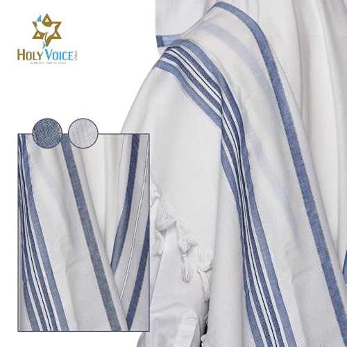Image of HOLY VOICE 100% Wool Tallit Prayer Shawl Kosher Certified White with Stripes for Men, Made in Israel w / 100% Wool Tzitzit