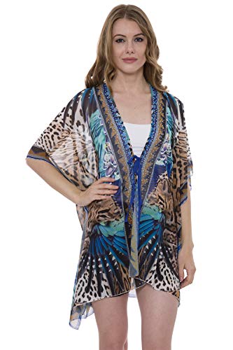 Women's Summer Butterfly Zebra Leopard Tiger Python Peacock Print Topper/Cover-Up/Poncho Rhinestone Studded Outwear Beachwear Dress (#19)