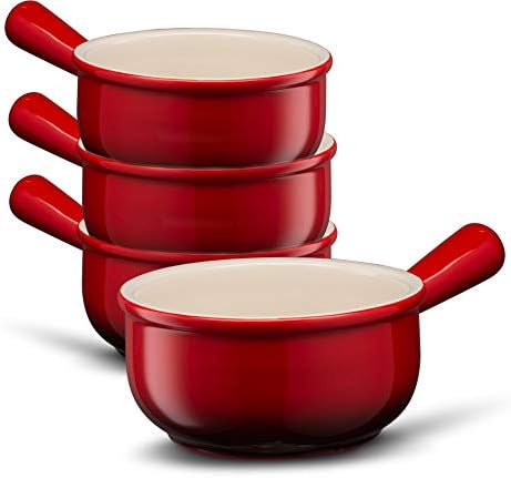 KooK French Onion Soup Crocks, Ceramic Bowls, Broil, Oven, Microwave and Dishwasher Safe, for Cereal, Soups, Casseroles, with Handle, Stoneware, 15 oz, Set of 4, Red Ombre