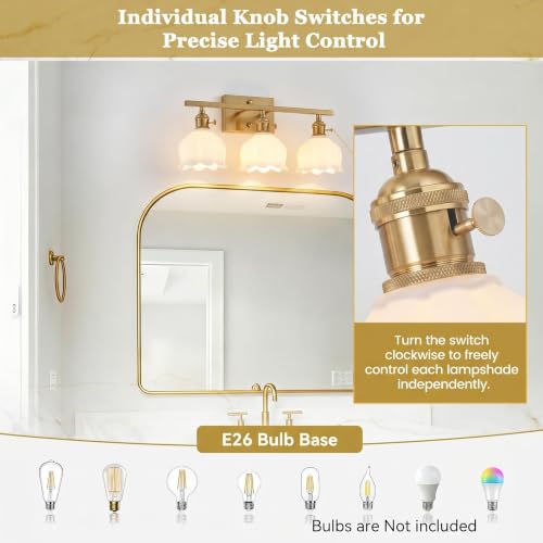 Image of 3-Light Vintage Bathroom Vanity Light, 19.4 inch Brass Hardwired Wall Sconce with Amber Tulip Glass Shades, Brushed Gold Vanity Light for Mirror, Restroom, Bedroom (White, 3-Light)