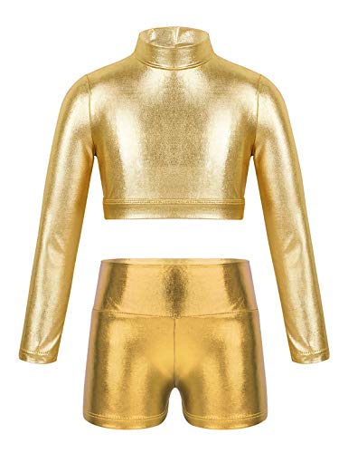 Moily Kids Girls Shiny Metallic Two Pieces Dance Outfit Long Sleeve Crop Top with Gymnastics Bottoms Sets