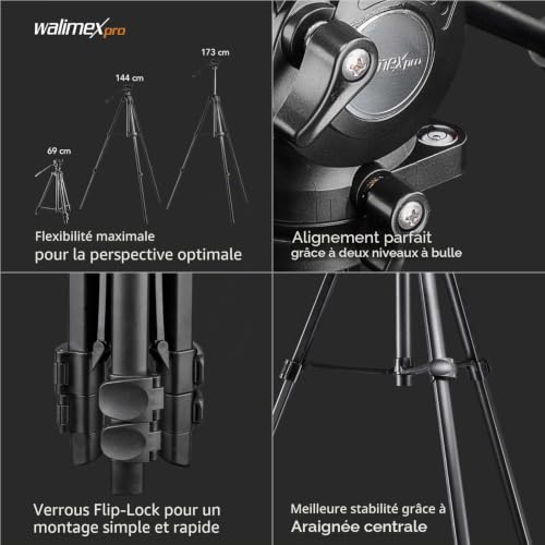 Walimex Pro Trépied Vidéo 173 Cm Avec Support Smartphone 2 Directions Panoramique 360° Pour Caméras Dslr Et Sm - vue 7