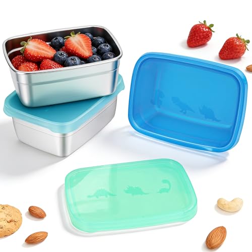 Image of Tanjiae 3-Pack Stainless Steel Snack Containers - 550ml (18oz) Leakproof Colorful Lids with Cute Dinosaurs | LFGB Certified, Stackable Metal Lunch Box for Home, Picnic, Travel
