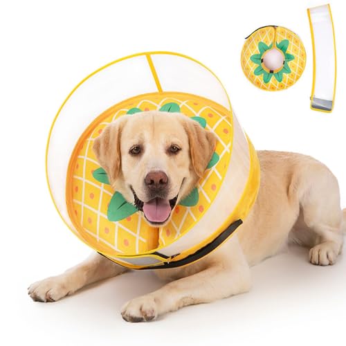 Image of Inflatable Dog Cone Collar for Large Medium Small Dogs, Soft Dog Donut Collar Adjustable Recovery Cone for Pets After Surgery, Extra Enhanced Anti-Licking Guard Shield (Pineapple, Medium Plus)