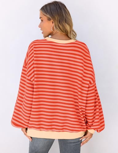 Image of UEU Women Oversized Striped Crewneck Sweatshirt Long Sleeve Color Block Pullover Tops Casual Loose Workout Shirt