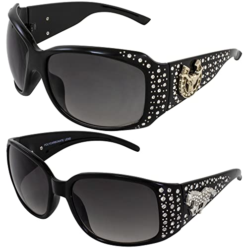 Rodeo Queen 2 Pairs of Studded Horseshoe Sunglasses for Women Black Frame w/Fashionable Metal Accent Piece Bling Rhinestones & Smoke Gradient Lenses