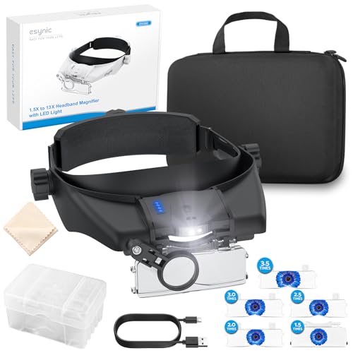 eSynic Gafas de Lupa con Luz LED Lupa de Gran Aumento 1.5X 13X con 5 Lentes Ajustable Lupa de Cabeza Manos Libre Profesional Gafas de Aumento Recargable para Manualidades, Leer, Coser, Joyería