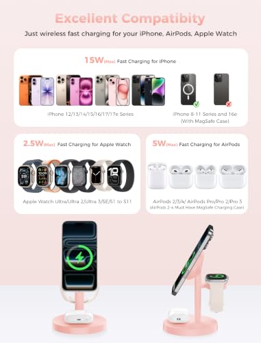 Image of Aeinidi 2026 3 in 1 Wireless Charging Station Compatible with MagSafe, 15W Fast Magnetic Mag-Safe Charger Stand for Apple iPhone 17 16 15 14 13 12 iWatch AirPods Pro 4 3 2, Pink