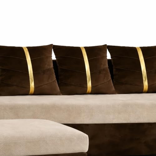 Image of Cavishq 5 Seater L Shape Sofa Set with 2 Movable Ottomans | Flexible Layout | Luxury Velvet Suede Fabric | Modern Living Room Sofa | Dark Brown-Cream