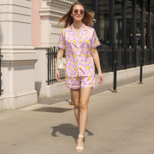 Image of Women 2PCs Satin Pajama Set Short Sleeve Silk Feel Gift Sleepwear | Soft stretch satin; relaxed comfort fit sizes S-3XL for sleep & lounge; short sleeve top, elastic waist shorts; easy care