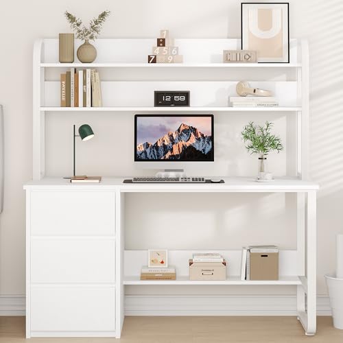 MaverickFurni White Desk with Hutch, 55 Inch Computer Desk with 3 Drawers for Bedroom, Study Writing Desk with Shelves for Small Spaces, Adjustable Feet