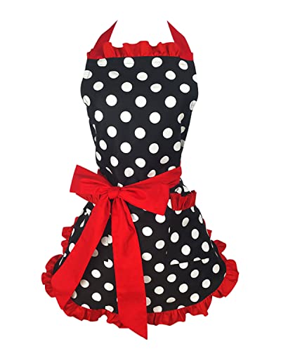 Floosum Lovely Cute Red Retro Ruffle Side Sexy Cute Lady's Kitchen Cooking Apron With Pocket Gift For Women Girls Chef Housewarming, Red #TOP4
