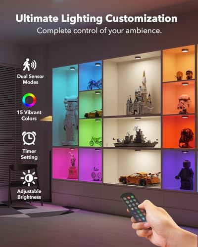 Image of 2400mAh Rechargeable Puck Lights, Motion Sensor Under Cabinet Light | RGB Color Changing, Magnetic, USB-C, Timer, Wireless Stick On Closet Lighting for Kitchen Counter, Stair, Bookshelf, Showcase