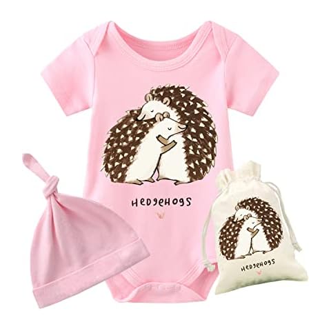 QIANWANYI Baby Triplets Bodysuits Hedgehogs Newborn Twin Clothes Girls Romper Boys Outfit With Hat Set, Pink Hedgehogs, 9-12 Months Cover