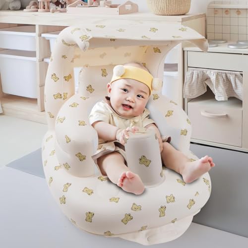 Image of Inflatable Baby Seat with Integrated Canopy for Babies 3 Months & Up, Baby Floor Seats for Sitting Up, Baby Seats for Infants, Blow Up Baby Chair with Built in Air Pump - Bear