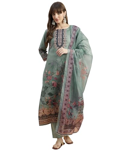 Image of SheWill Kurta Sets for Women - Red Rayon Aari Hand Work with Digital Floral Print Kurta with Pant and Chanderi Dupatta |Stylish Printed Summer Kurti Set