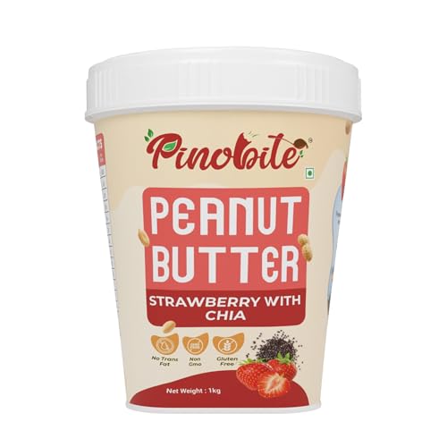 Image of Pinobite Strawberry Flavored Peanut Butter Crunchy 1kg, 100% Roasted Peanuts & Chia Seeds Unsalted, Unsweetened, Gluten-Free, High-Protein 24gm, Healthy Spread for Breads, Smoothies