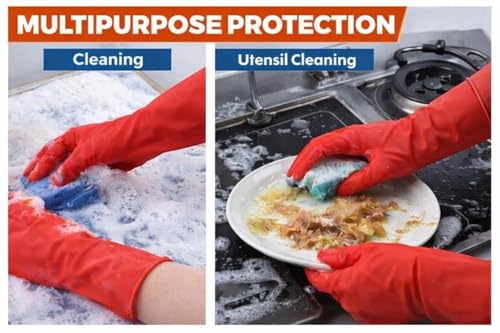 Image of LADWA Premium Rubber Household Cleaning Gloves, Red Color Reusable Waterproof Gloves for Kitchen Cleaning, Dishwashing, Gardening and Bathroom Use with Durable Material (Pack of 1 Pair)