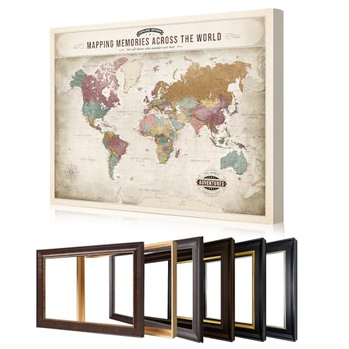 Image of DECORARTS - Large Personalized World Travel Map with Pins, Custom Name, Pin Board Canvas Wall Art, Vintage Pastel World Decor, Optional Wood Frame, Giclee Print, Handcrafted in USA, 35x28''