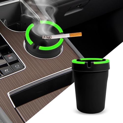Image of Glow in The Dark Ashtray, Car Ashtray, Cigarette Self-Extinguishing Car Cup Holder Ashtrays with Lid, Universal Portable Mini Vehicle Cigarette Trash Can Auto Accessories for Cars (Black)
