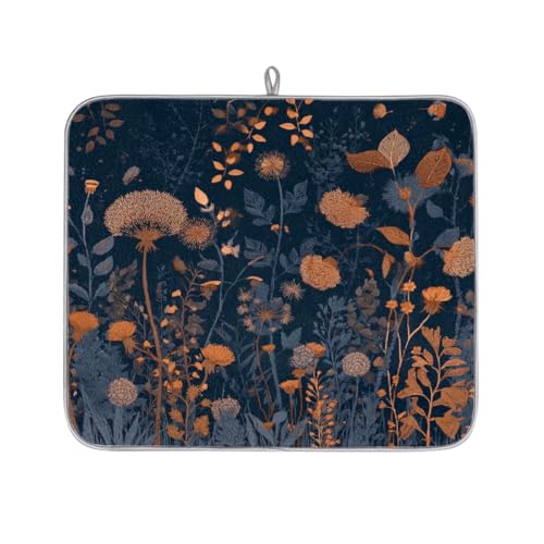 Axurera Tapete de secado de platos botánico en la oscuridad para encimera de cocina, tapete escurridor de platos absorbente, lavable, para escurridores de encimera, 46 x 41 cm