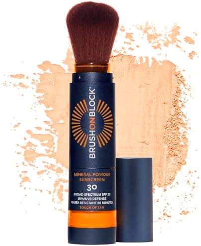 Brush On Block New Formula SPF 30 Mineral Powder Sunscreen, Touch of Tan, Refillable, Broad Spectrum, Water Resistant Face Protection, For All Skin Types, Subtle Hint of Color, Reef Friendly