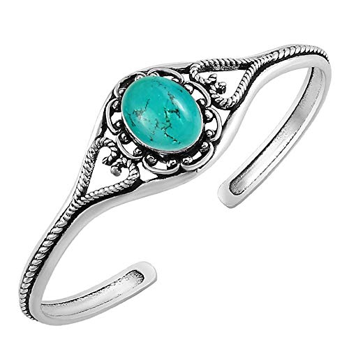 Natural Turquoise Cuff Bangle Bracelet for Women – Handmade 925 Silver Plated Adjustable Jewelry Bracelet – Green Gemstone December Birthstone Statement Bangle – Gift for Birthday Anniversary