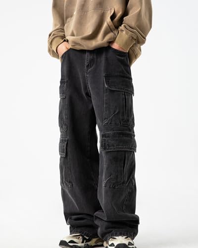 Mens Multi-Pockets Cargo Denim Pants Y2K Hip Hop Jeans Casual Wide Vintage Leg Jeans for Men4