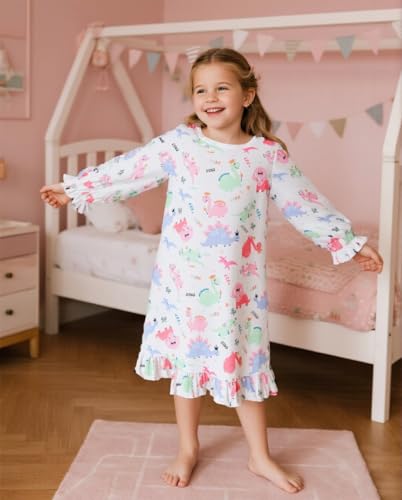 Little Hand Girls Long Sleeve Nightgowns Dinosaur Nightie Strawberry Pajama Butterfly Kids Nightdress Sleep Dress 2-9 Years2