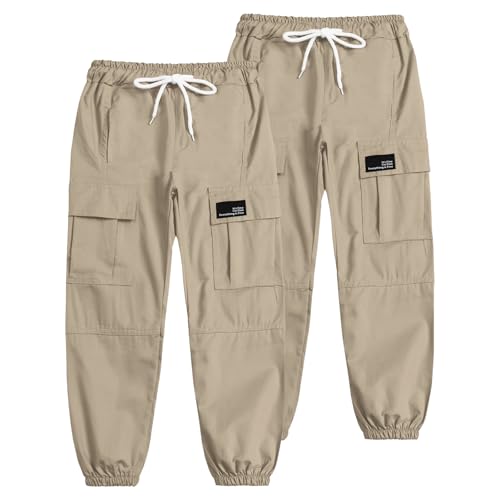 Image of Cromoncent Girls 2 Packs Cargo Pants Elastic Waist Lightweight Outdoor Jogger Pants Khaki+Khaki 7-8 Years