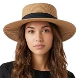 HIQIU Stroh Sommerhut Damen mit Breiter Krempe - UV-Schutz Flat Top Strandhut Damen Strohhut Panamahut für Strand und Reisen (DE/NL/SE/PL, Numerisch, 56, 58, Khaki Hut mit schwarz Band)