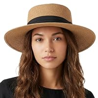 HIQIU Stroh Sommerhut Damen mit Breiter Krempe - UV-Schutz Flat Top Strandhut Damen Strohhut Panamahut für Strand und Reisen (DE/NL/SE/PL, Numerisch, 56, 58, Khaki Hut mit schwarz Band)