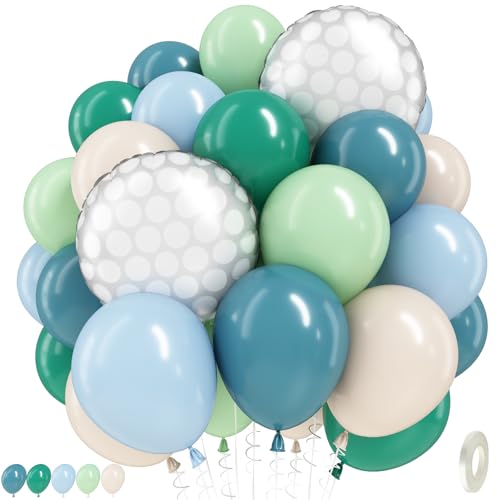 Image of Golf Party Balloons, 12 Inch Retro Blue Dark Light Green and White Latex Balloons with 18 Inch Round Golf Ball Foil Helium Balloon for Hole-in-One Sports Team Club Boys Men Birthdays Retirement Decor