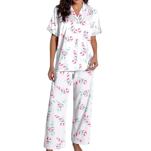 Conjunto de pijama cómodo de satén de manga corta con botones y pantalones, ropa de dormir suave para noches acogedoras y relajación, sueño y descanso (3), blanco, M