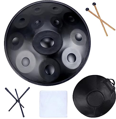 Handpan Drum Instrument, 12 notas en Re menor, 22 pulgadas, tambor de acero, con bolsa suave, mazos y soporte para handpan