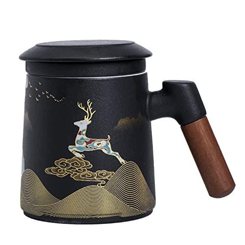 Hanbosym Teebecher aus Keramik mit Teesieb und Deckel, Teebecher für den täglichen und Bürogebrauch, handbemalt mit Holzgriff, Geschenkverpackung für Familie und Freunde,400ML Cover
