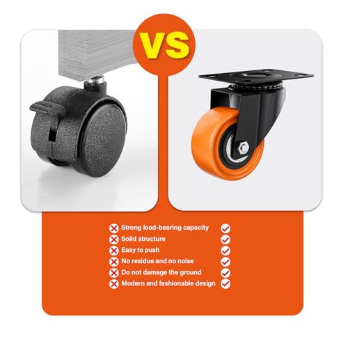 Image of 2 Inch Caster Wheels, Casters Set of 8 Heavy Duty, Orange Polyurethane (PU) Casters, Industrial Swivel Top Plate Castor Wheels for Workbench /Furniture /Cart (Pack of 8)